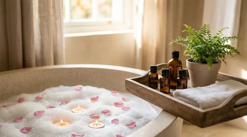 Woman relaxing in a warm bath with rose petals, candles glowing in the background