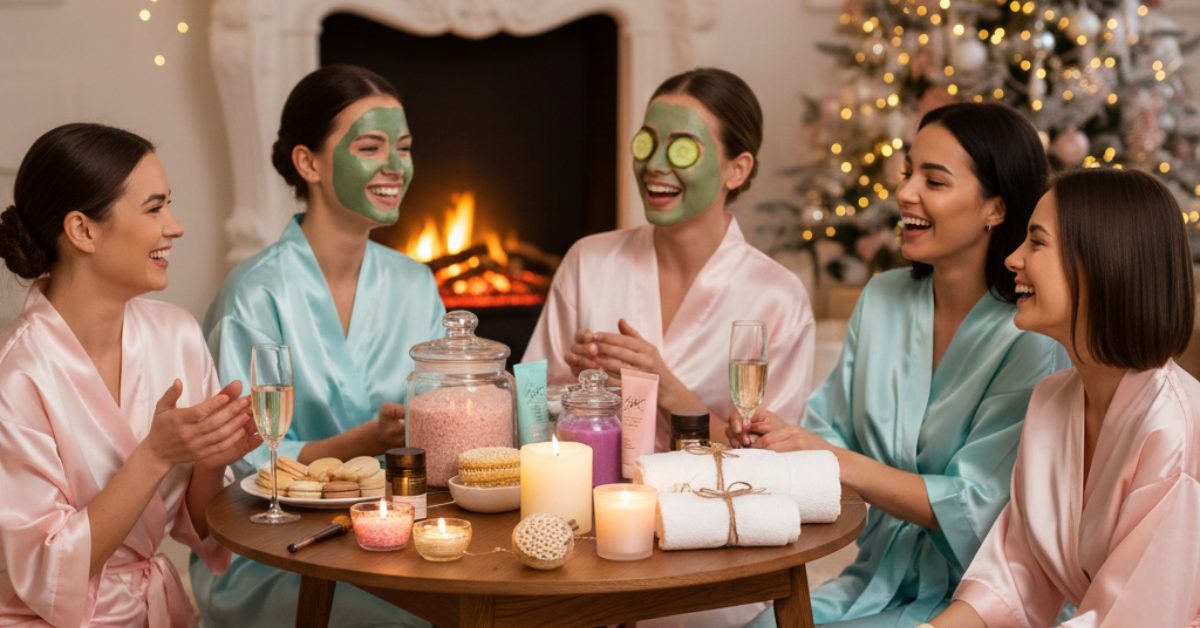 Pamper party planning essentials laid out on a marble surface